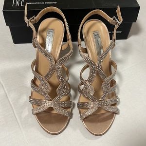 INC Randi Taupe and Rhinestone Evening Strappy Sandal LIKE NEW
